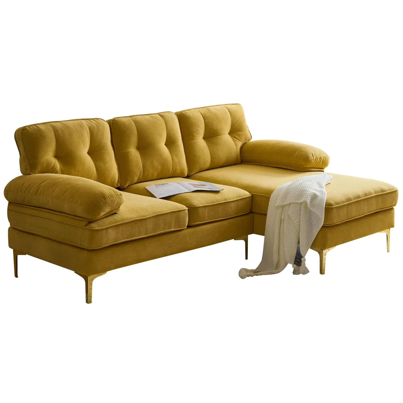 82.6' Modern Sectional Sofas Couches Velvet L-Shaped Couches for Living Room, Bedroom, Yellow