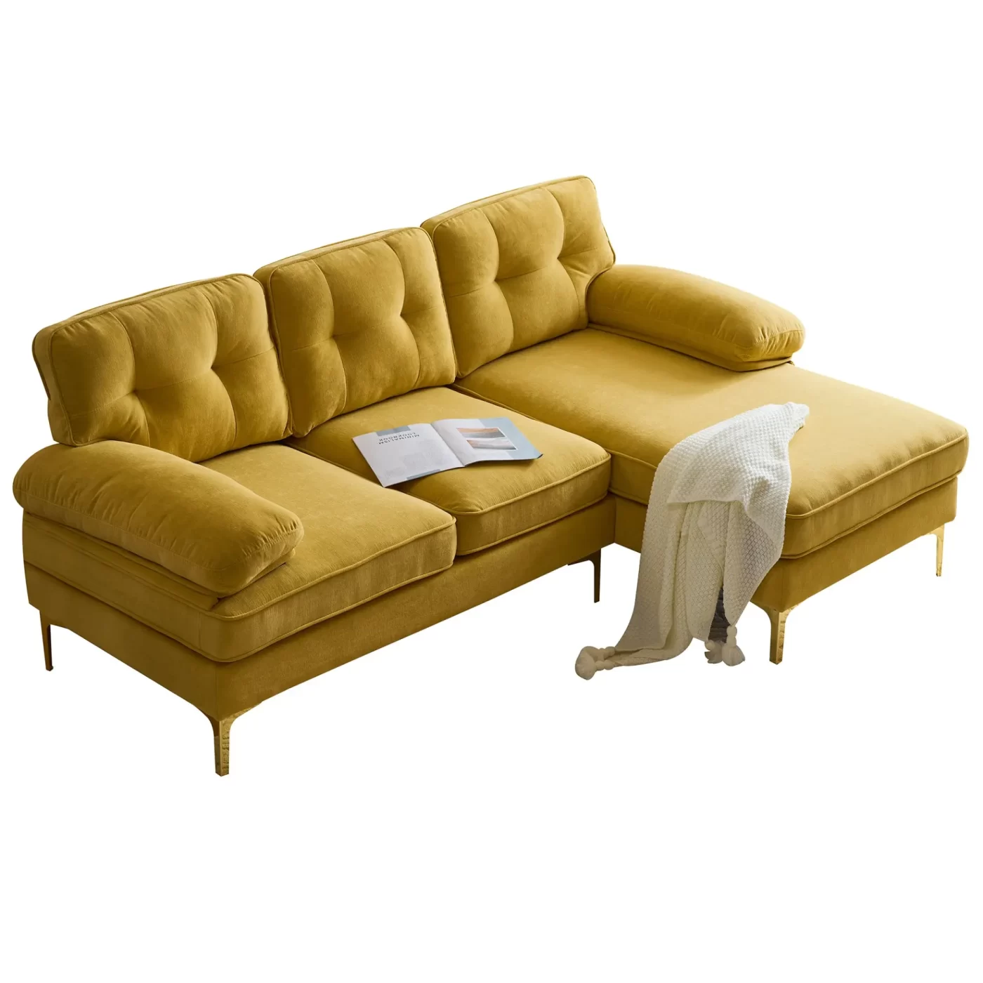 82.6' Modern Sectional Sofas Couches Velvet L-Shaped Couches for Living Room, Bedroom, Yellow
