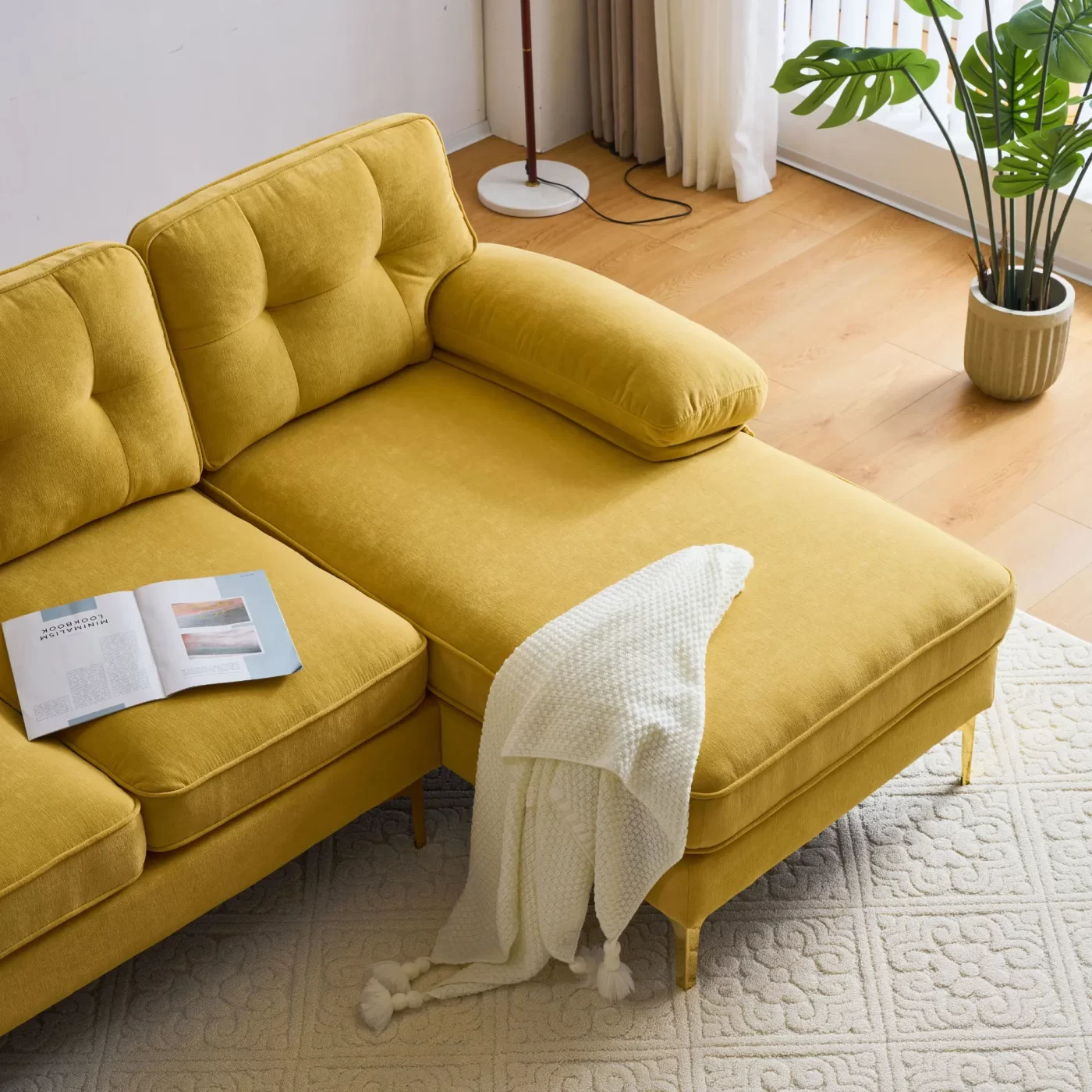 82.6' Modern Sectional Sofas Couches Velvet L-Shaped Couches for Living Room, Bedroom, Yellow