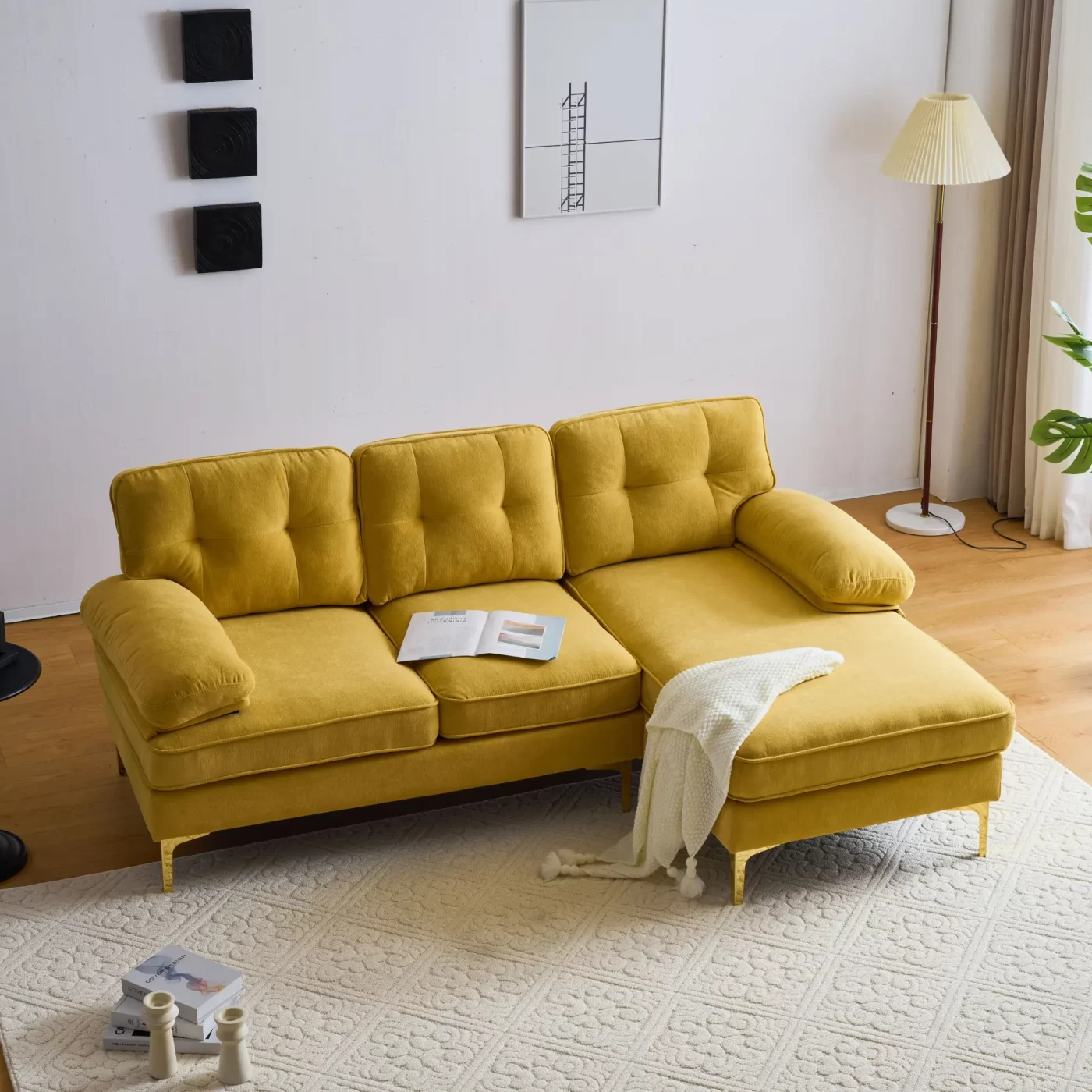 82.6' Modern Sectional Sofas Couches Velvet L-Shaped Couches for Living Room, Bedroom, Yellow
