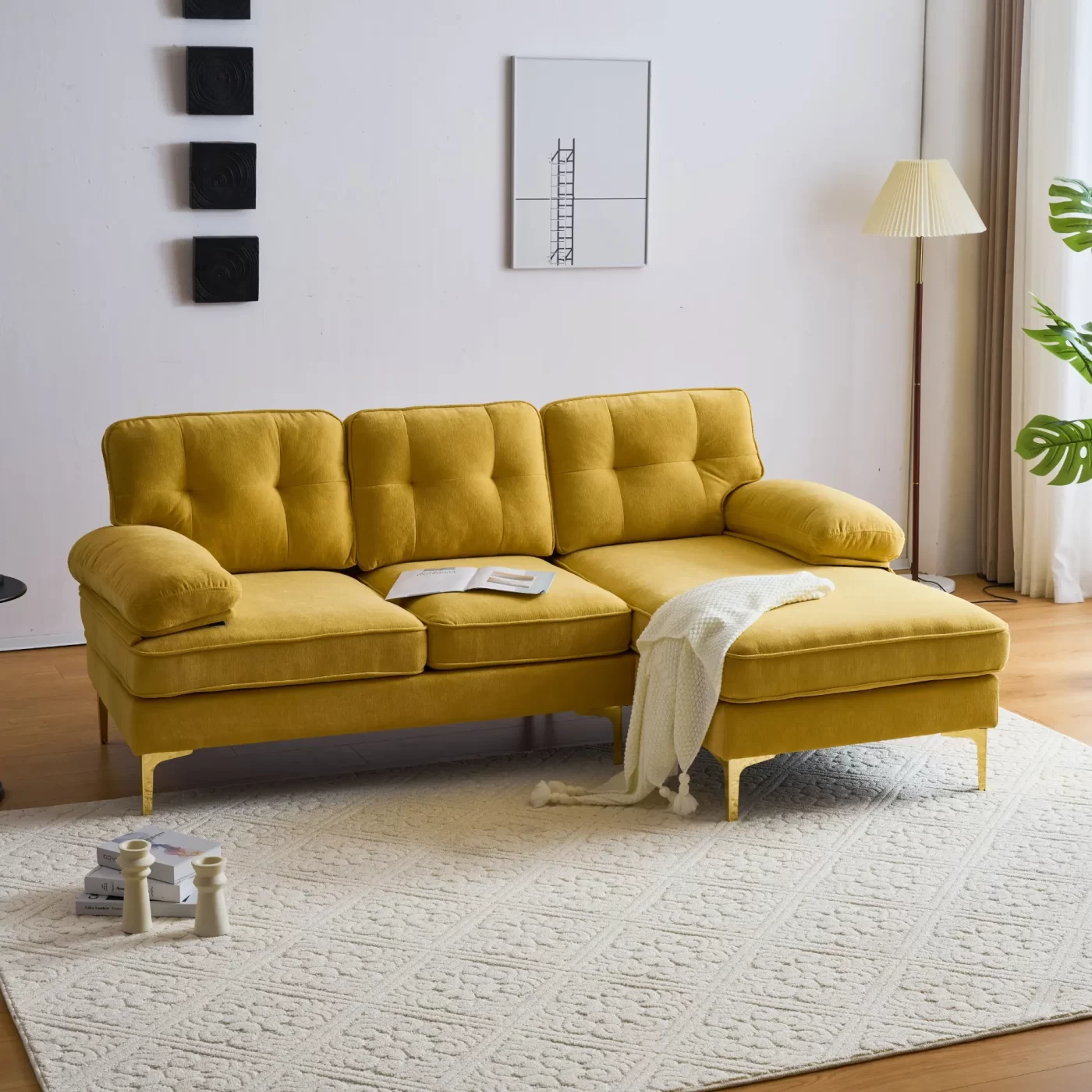 82.6' Modern Sectional Sofas Couches Velvet L-Shaped Couches for Living Room, Bedroom, Yellow