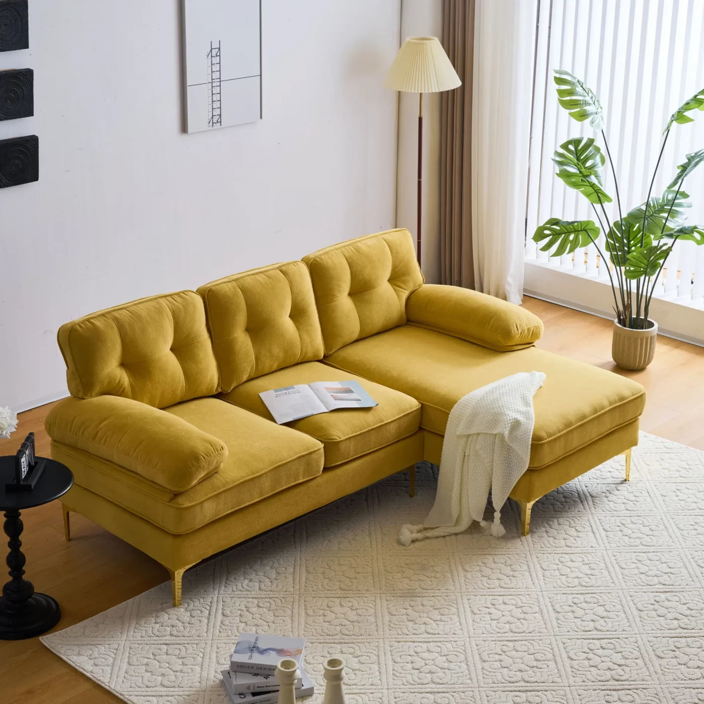 82.6' Modern Sectional Sofas Couches Velvet L-Shaped Couches for Living Room, Bedroom, Yellow