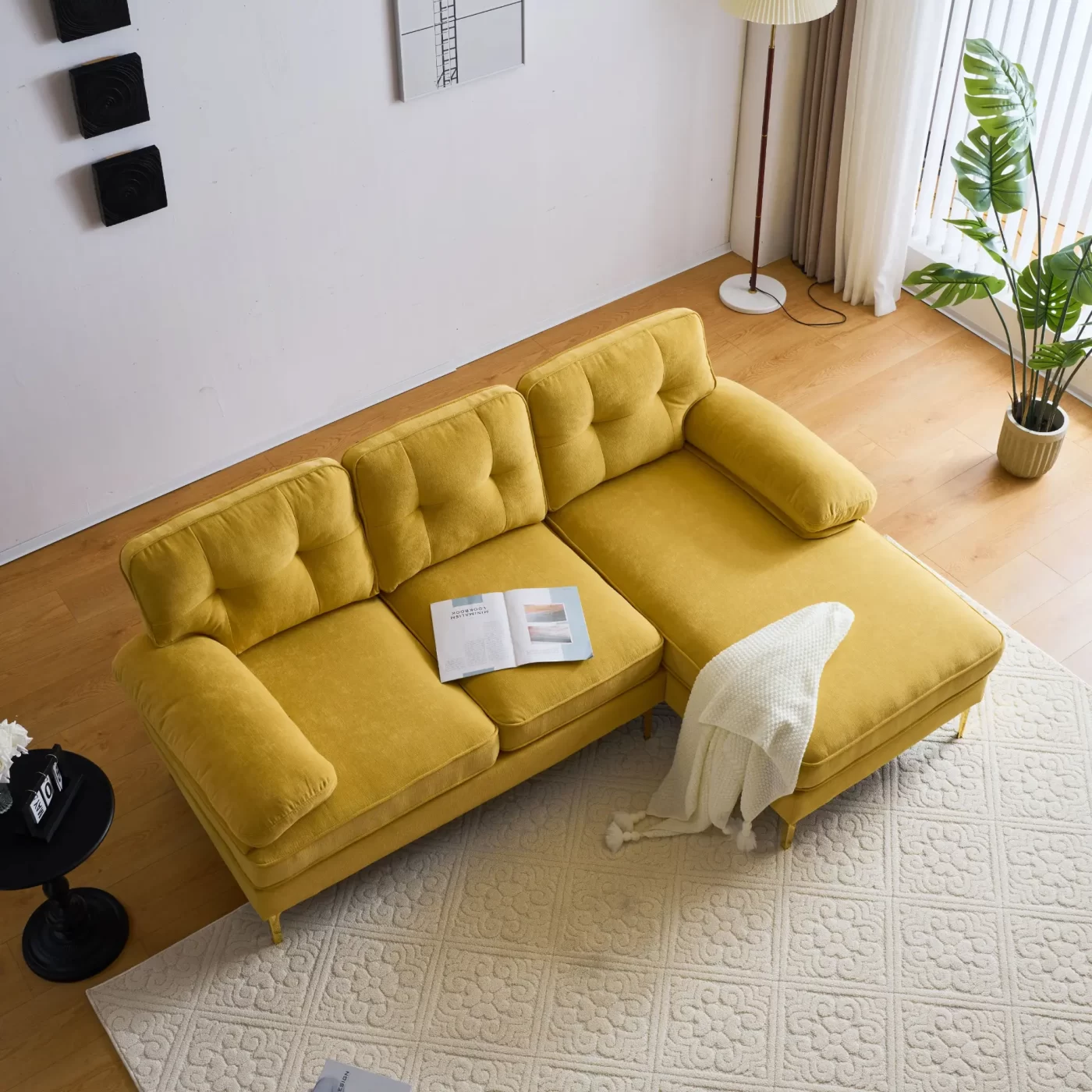 82.6' Modern Sectional Sofas Couches Velvet L-Shaped Couches for Living Room, Bedroom, Yellow
