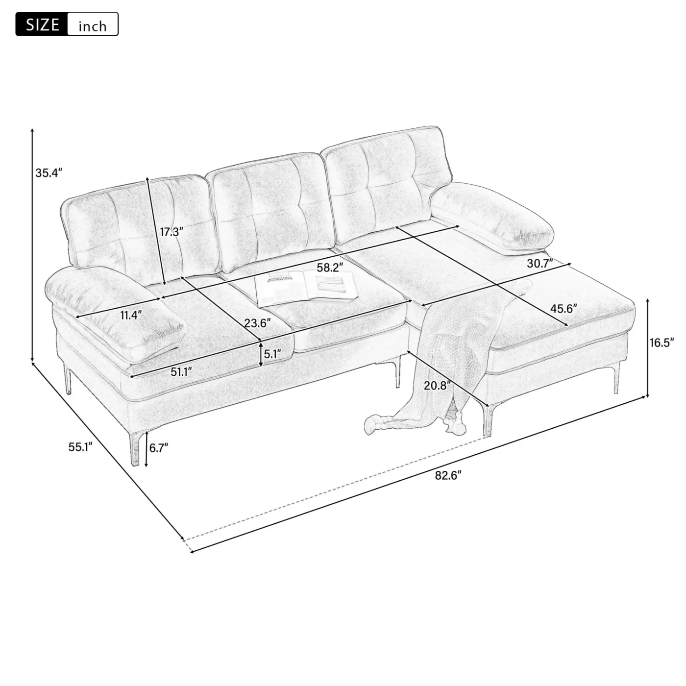 82.6' Modern Sectional Sofas Couches Velvet L Shaped Couches for Living Room, Bedroom , Blue