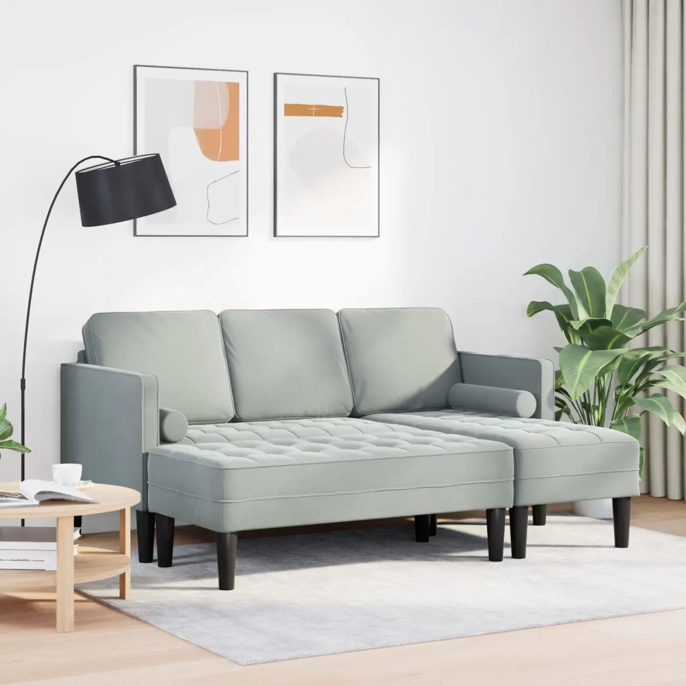 vidaXL Garden Sofa with Bench and Cushions L-Shaped Light Grey Velvet