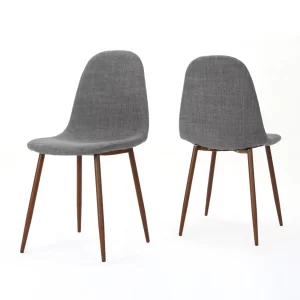 Mid-Century Modern Fabric Upholstered Dining Chairs Set of 2 Light Gray Dark Walnut Finish Iron Legs