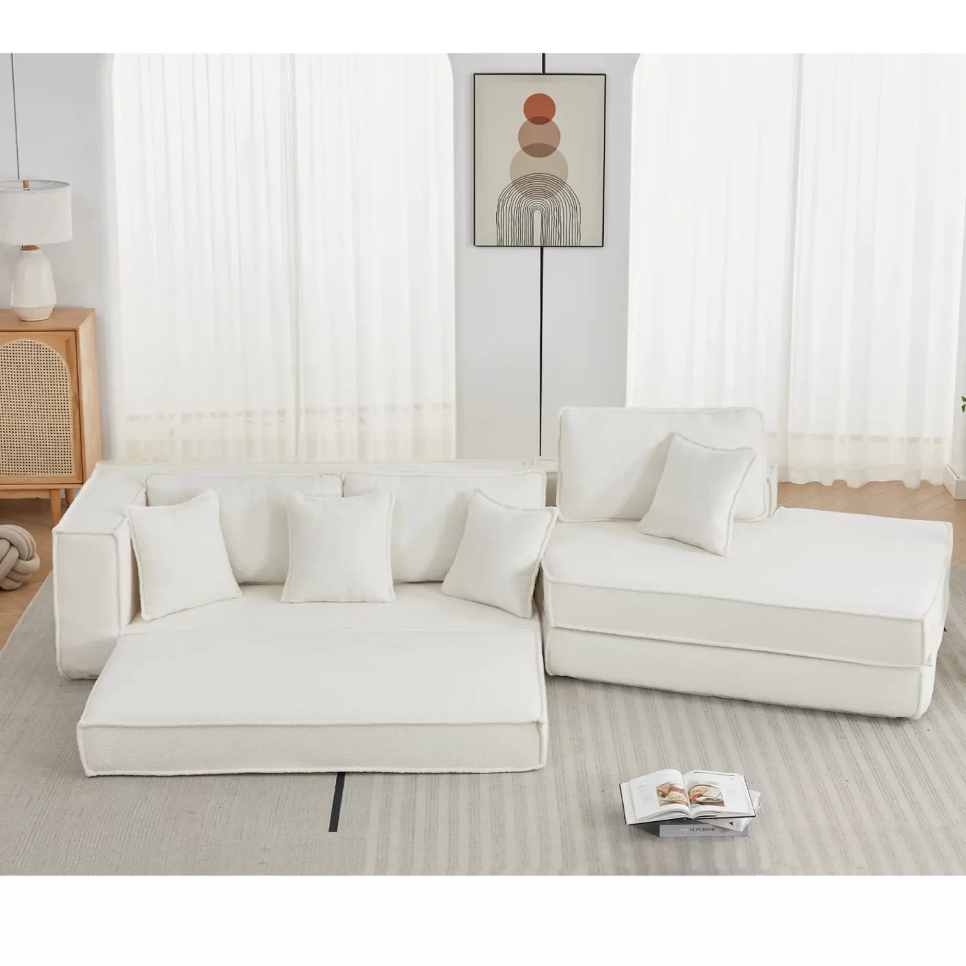 Folding Convertible Out Sleeper Sofa Bed,2-in-1, Combination Convertible Sofa,3 seat, Upholstered,Fold Out Floor Gaming Sofa Bed , Lamb Velvet Fabric,Living Room,Beige