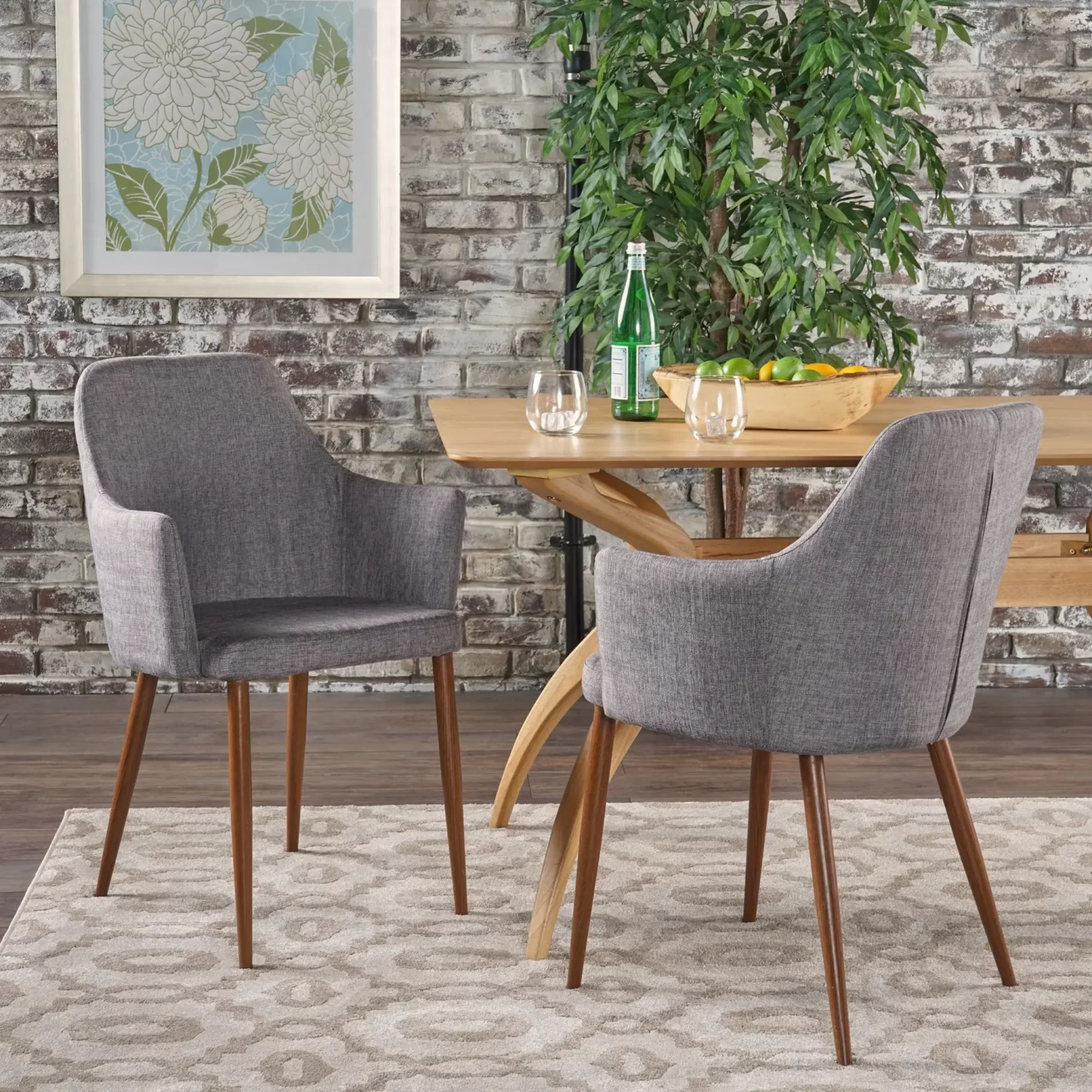 Elegant Dining Chair with Contoured Support in Light Grey Fabric and Wood Finish Metal Frame