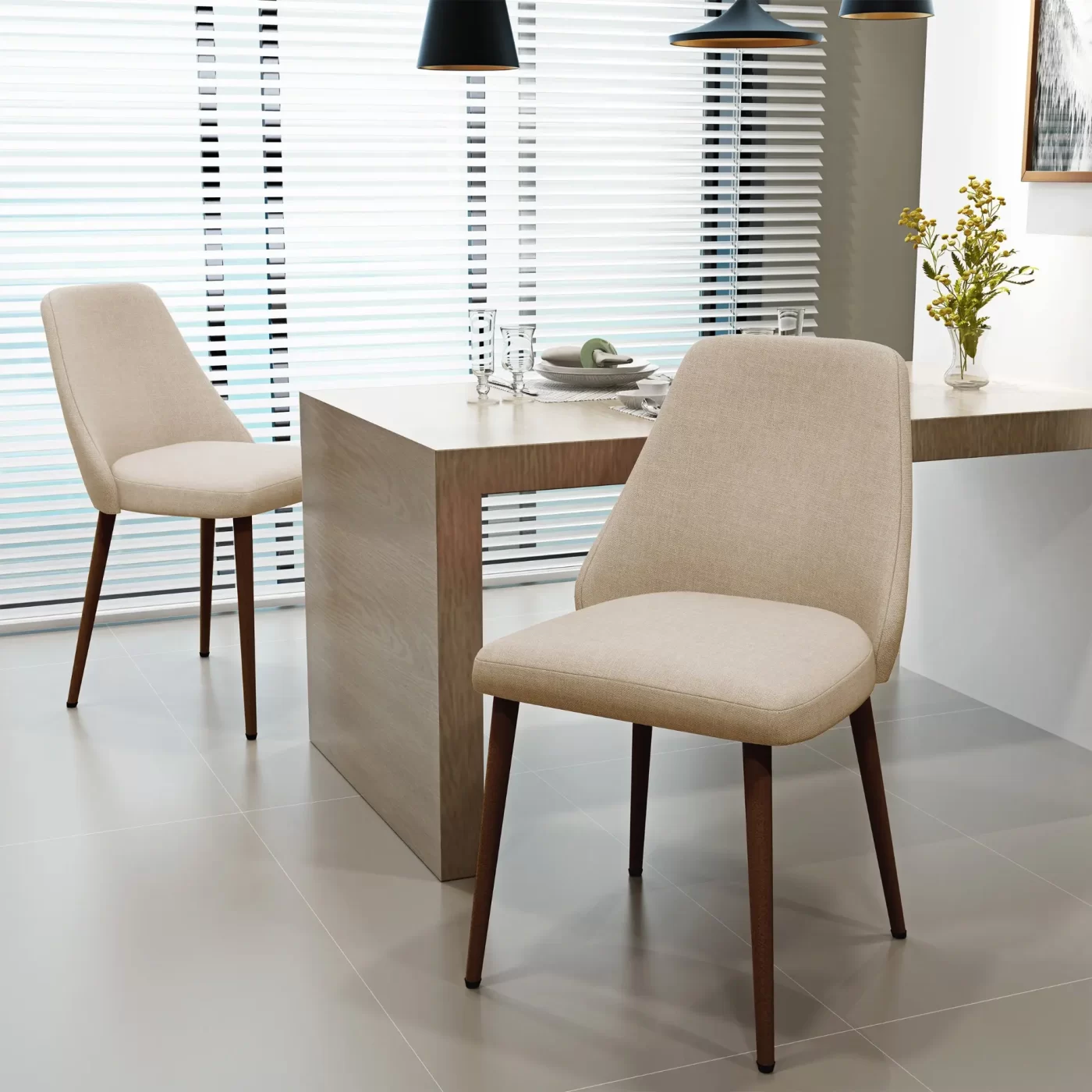 Modern Dining Chair with Wood Finish Iron Legs in Wheat Fabric
