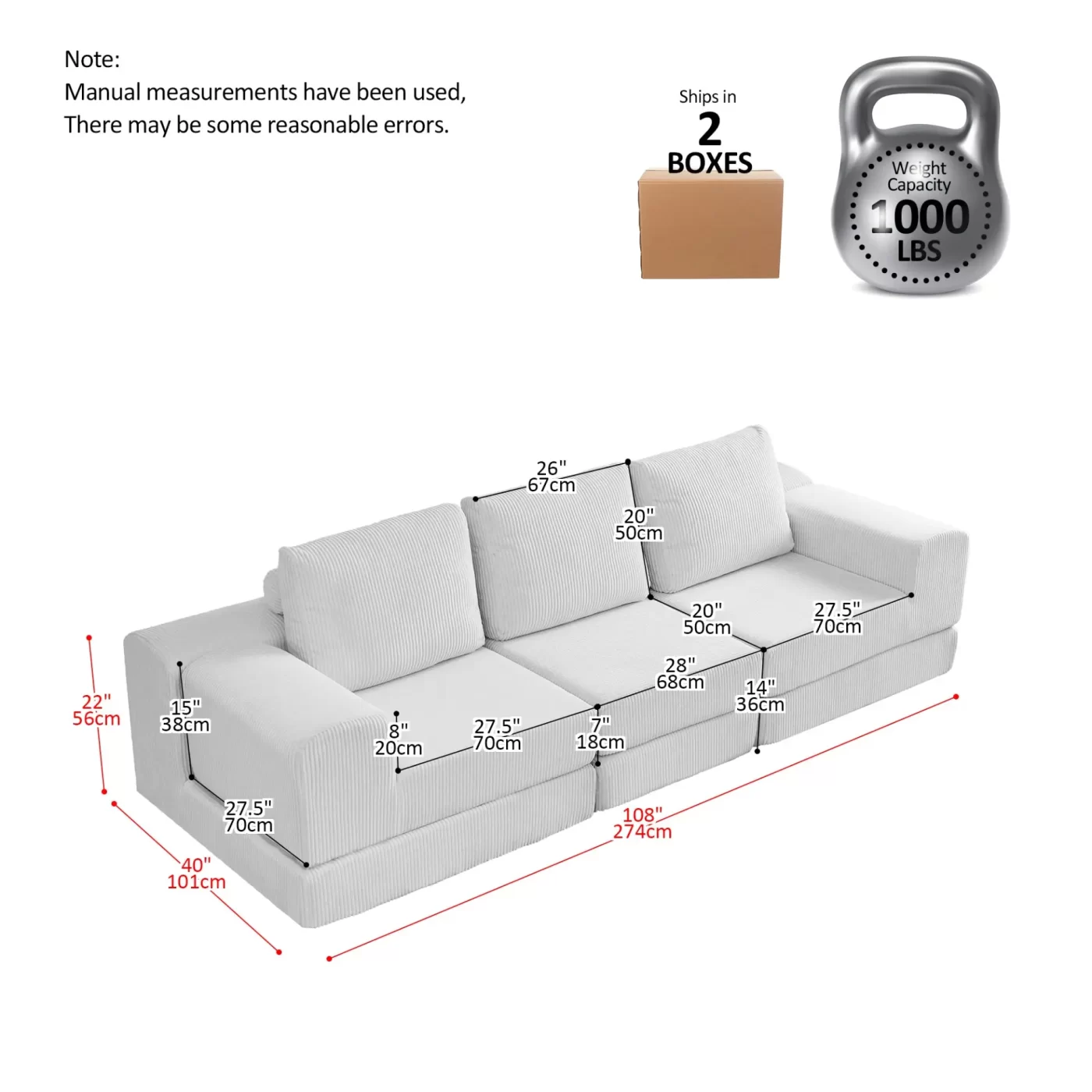 108'' Modular Sectional 3-Seater Cloud Sofa,Corduroy Convertible Sofa Bed
