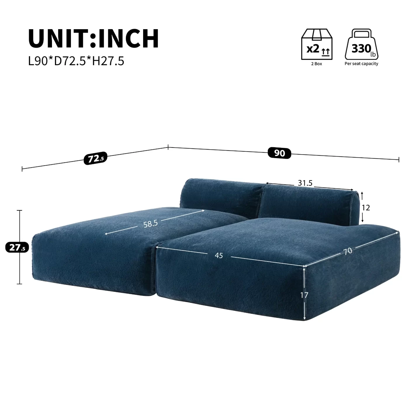 90.0'Oversized Modular Sectional Sofa,Fully Compressed,Spacious Foam-Filled Sofa Bed for Living Room,elderly - friendly design,2 PC Free Combination,No Assembly Required,3 Colors