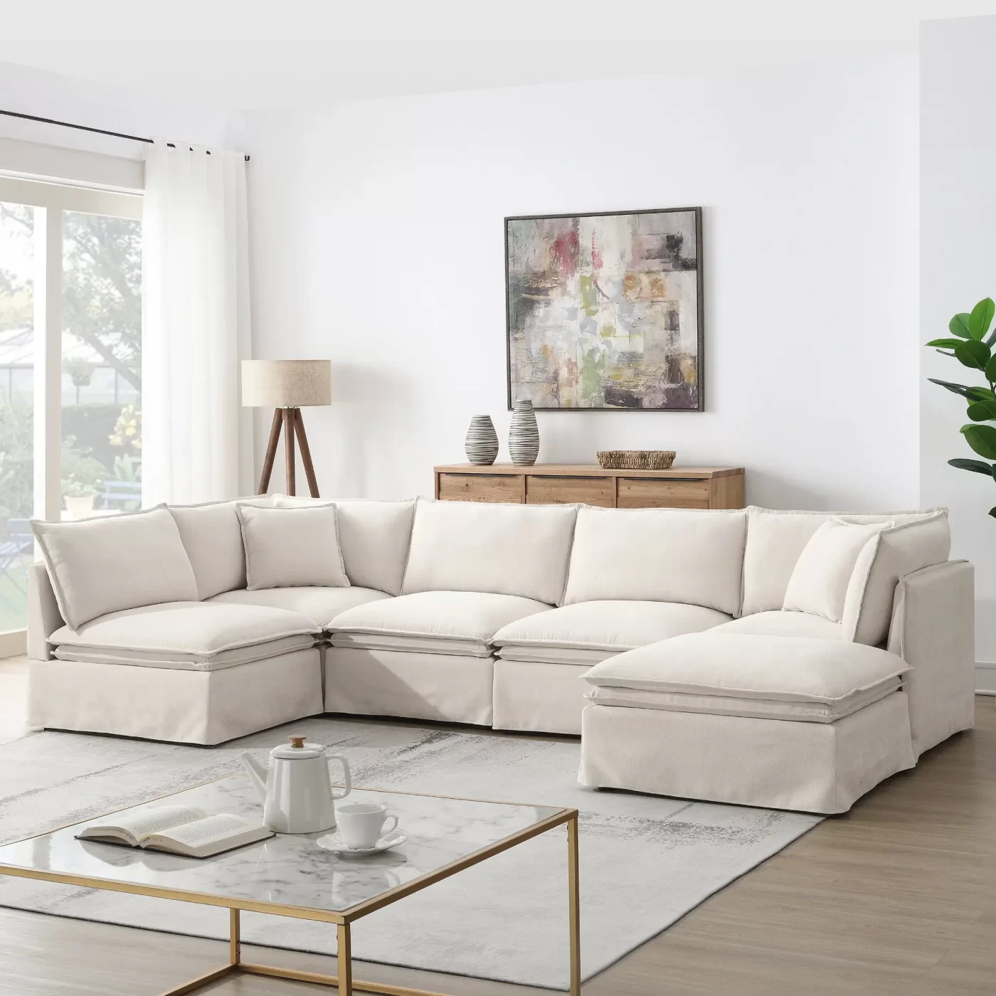 125.5'' Modular Sectional Sofa with Movable Ottoman,6-seat L pholstered Indoor Furniture, Wide Seat ,Free Combination, Oversized Chenille Sofa for Living Room & Apartment,2 Colors