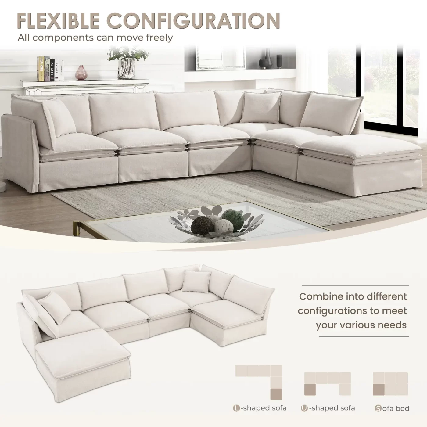 125.5'' Modular Sectional Sofa with Movable Ottoman,6-seat L pholstered Indoor Furniture, Wide Seat ,Free Combination, Oversized Chenille Sofa for Living Room & Apartment,2 Colors