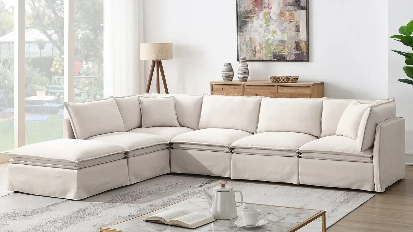 125.5'' Modular Sectional Sofa with Movable Ottoman,6-seat L pholstered Indoor Furniture, Wide Seat ,Free Combination, Oversized Chenille Sofa for Living Room & Apartment,2 Colors