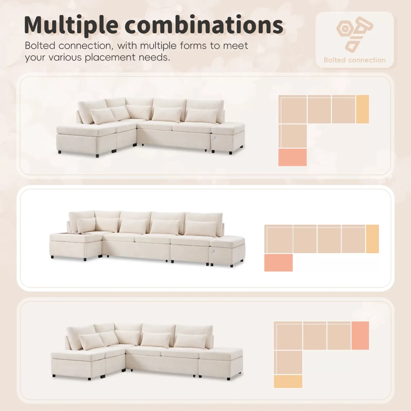 107'' Modular Sectional Pull-out Sofa, L shape with Wide Seats, Free Movement Storage Ottoman, Free Combination, Oversize Chenille Sofa for Living Room & Apartment, 2 colors