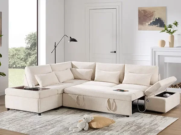 107'' Modular Sectional Pull-out Sofa, L shape with Wide Seats, Free Movement Storage Ottoman, Free Combination, Oversize Chenille Sofa for Living Room & Apartment, 2 colors