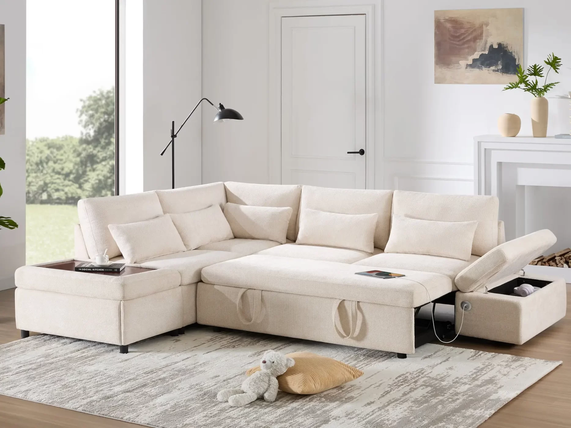 107'' Modular Sectional Pull-out Sofa, L shape with Wide Seats, Free Movement Storage Ottoman, Free Combination, Oversize Chenille Sofa for Living Room & Apartment, 2 colors