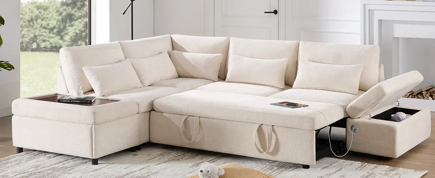 107'' Modular Sectional Pull-out Sofa, L shape with Wide Seats, Free Movement Storage Ottoman, Free Combination, Oversize Chenille Sofa for Living Room & Apartment, 2 colors