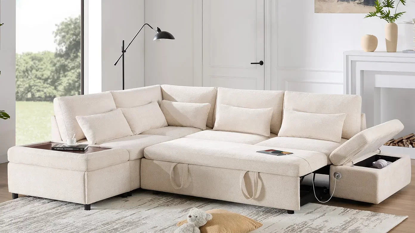 107'' Modular Sectional Pull-out Sofa, L shape with Wide Seats, Free Movement Storage Ottoman, Free Combination, Oversize Chenille Sofa for Living Room & Apartment, 2 colors