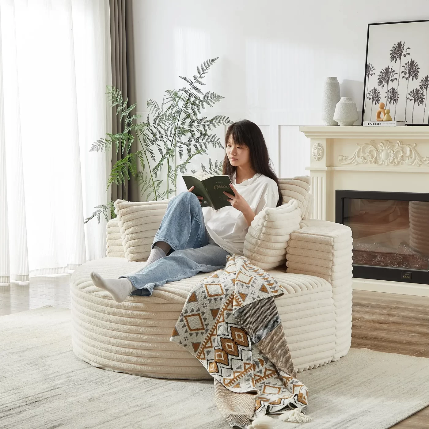 55''L Corduroy Sponge single sofa,No Assembly Required,Fluffy Modern Sleeper Chair for Living room, Bedroom, Lounge and Projection Room(Not a swivel chair.)