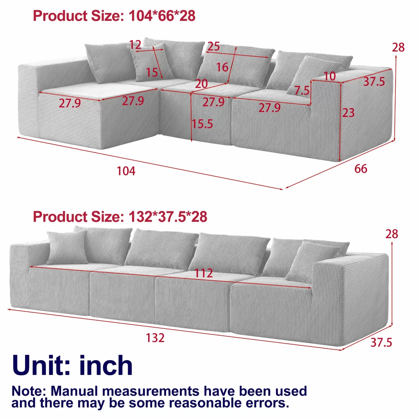 104-Inch Corduroy Modular L Shaped Sectional Sofa,Luxury Floor Couch Set,Upholstered Indoor Furniture,Foam-Filled Compressed Sofa for Living Room,Bedroom,4 PC Free Combination