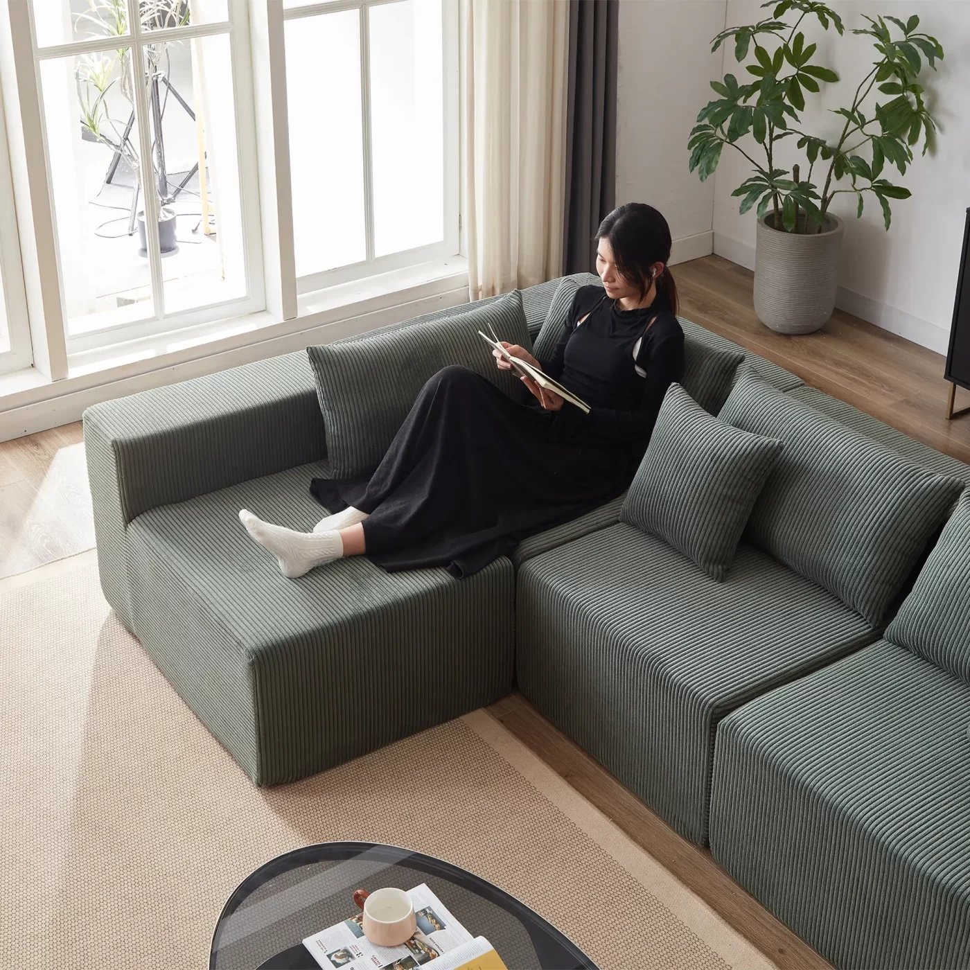 104-Inch Corduroy Modular L Shaped Sectional Sofa,Luxury Floor Couch Set,Upholstered Indoor Furniture,Foam-Filled Compressed Sofa for Living Room,Bedroom,4 PC Free Combination