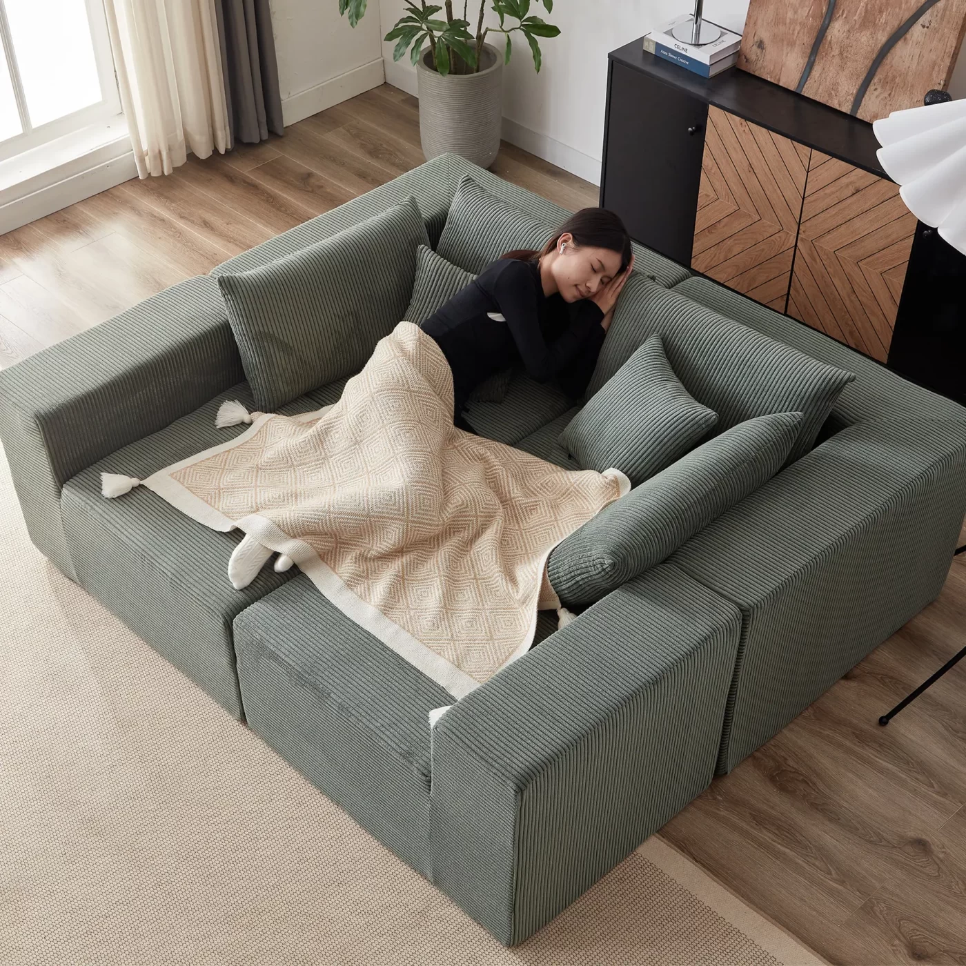 104-Inch Corduroy Modular L Shaped Sectional Sofa,Luxury Floor Couch Set,Upholstered Indoor Furniture,Foam-Filled Compressed Sofa for Living Room,Bedroom,4 PC Free Combination