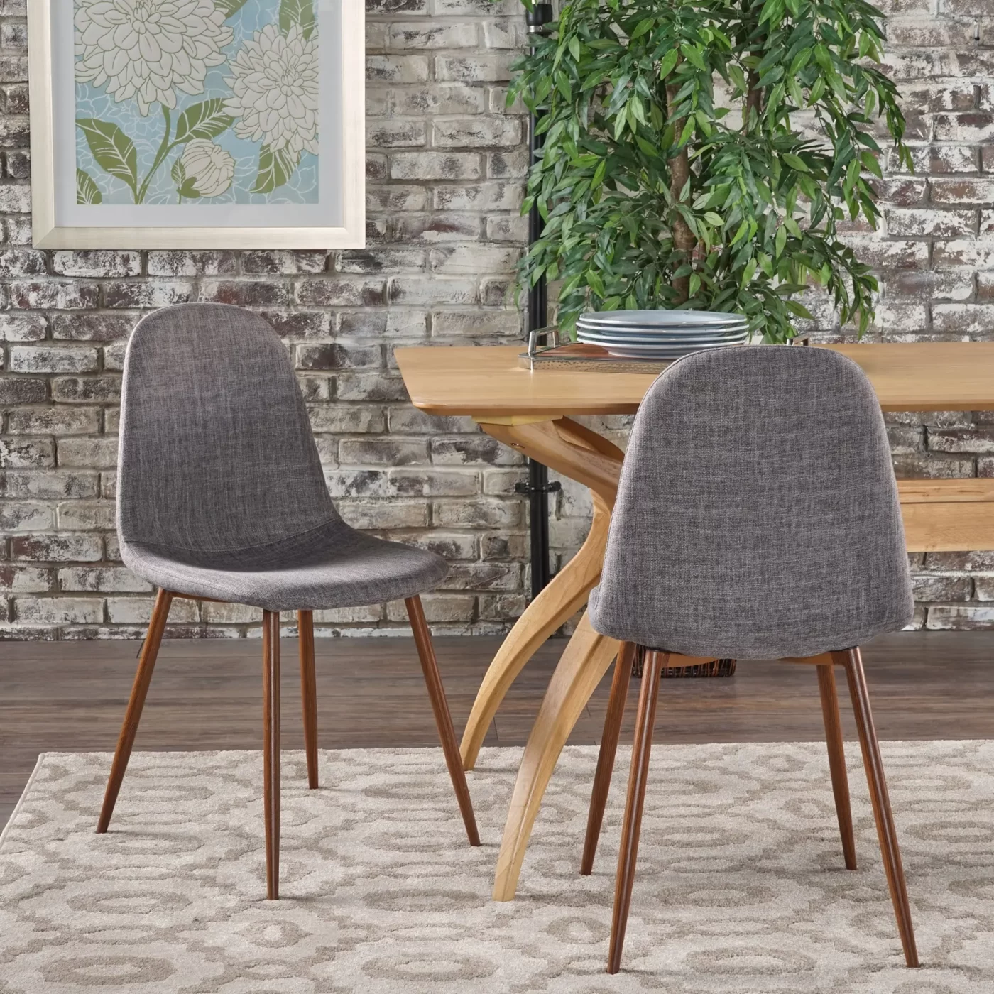 Mid-Century Modern Fabric Upholstered Dining Chairs Set of 2 Light Gray Dark Walnut Finish Iron Legs