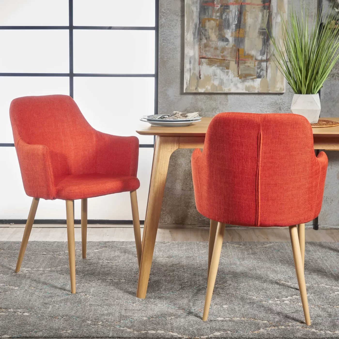 Mid Century Modern Fabric Upholstered Dining Chairs Armchairs in Muted Orange with Light Walnut Finish