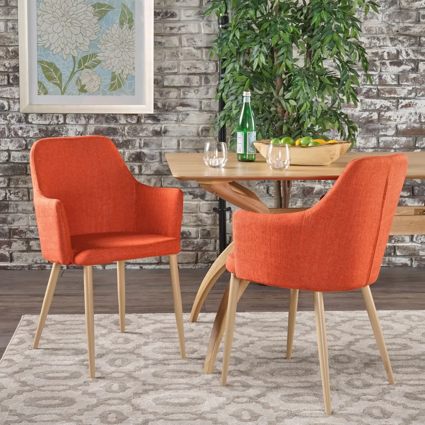 Mid Century Modern Fabric Upholstered Dining Chairs Armchairs in Muted Orange with Light Walnut Finish