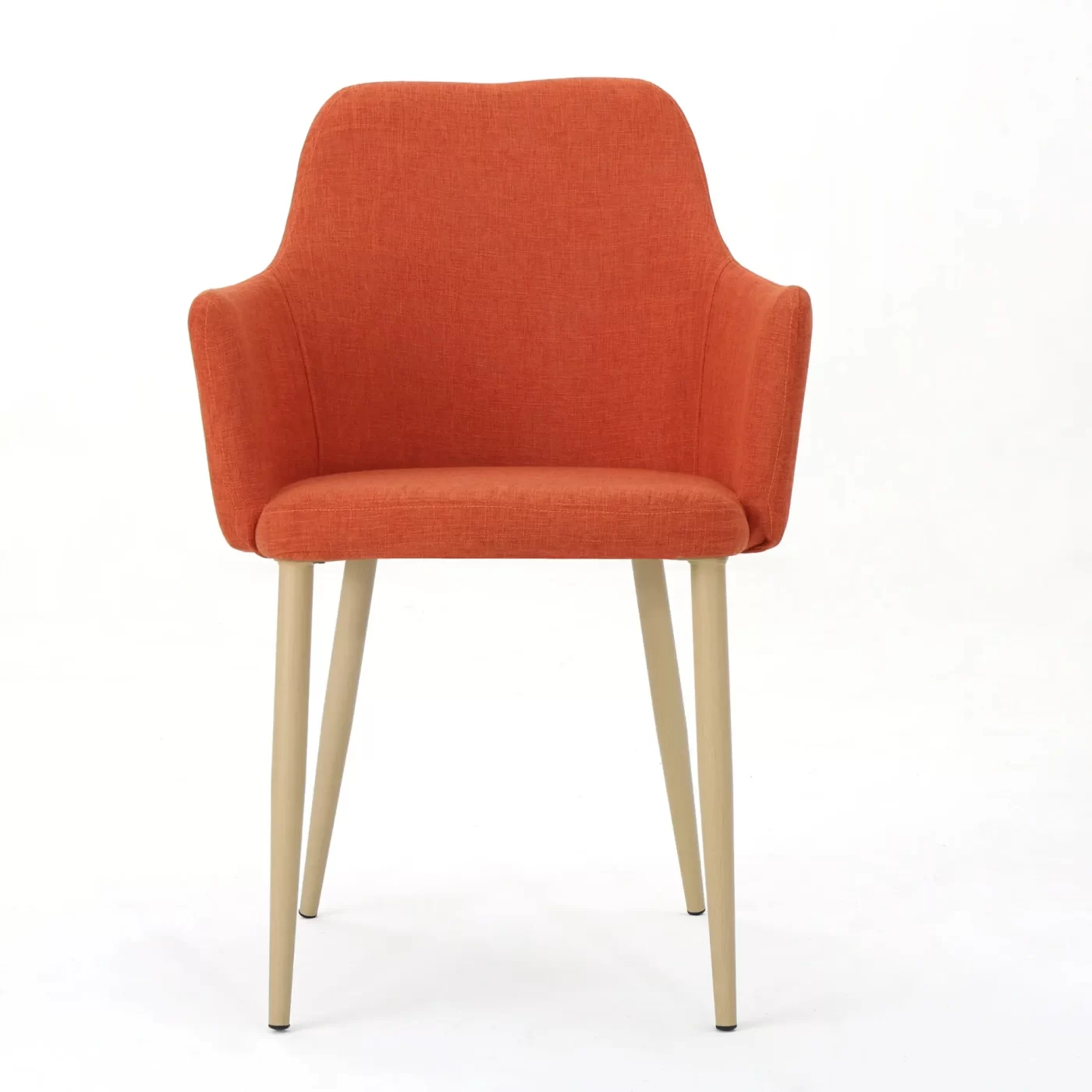 Mid Century Modern Fabric Upholstered Dining Chairs Armchairs in Muted Orange with Light Walnut Finish