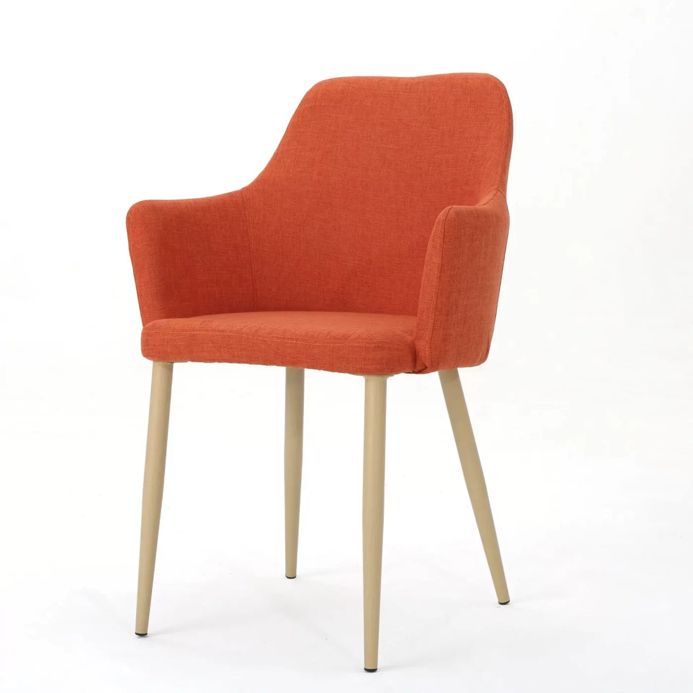 Mid Century Modern Fabric Upholstered Dining Chairs Armchairs in Muted Orange with Light Walnut Finish