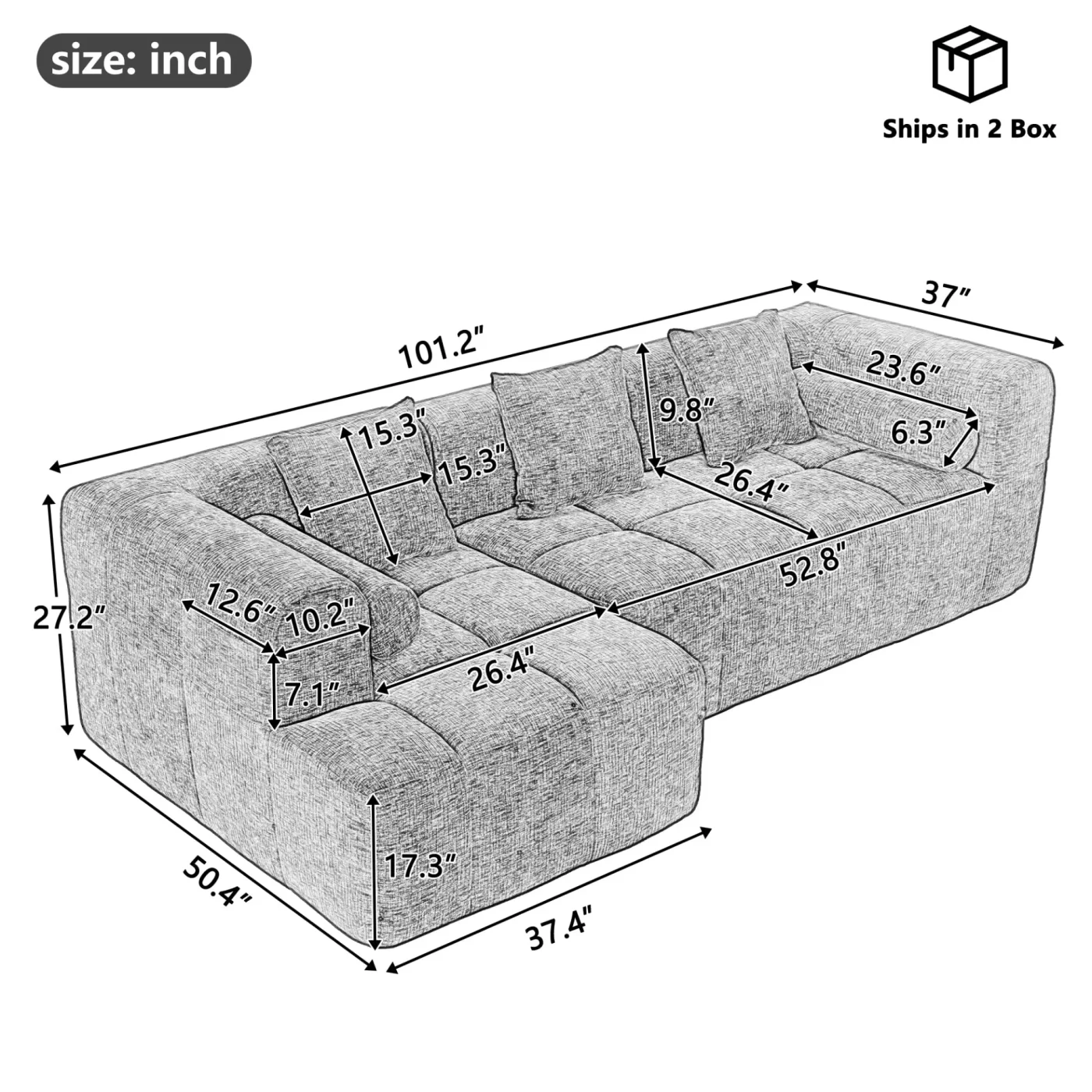 101.2' Sectional Sofa Full-Compressed Sofa Modular Sofa Couch Free-combined Sofa with Deep Seating and Two Side Pockets for Living Room, Blue