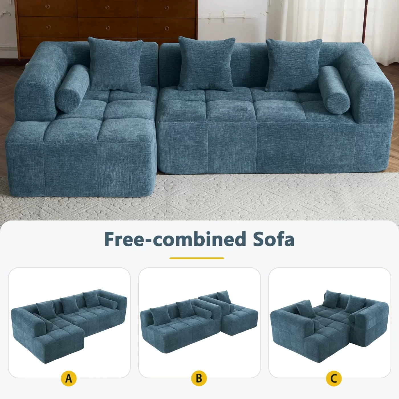 101.2' Sectional Sofa Full-Compressed Sofa Modular Sofa Couch Free-combined Sofa with Deep Seating and Two Side Pockets for Living Room, Blue