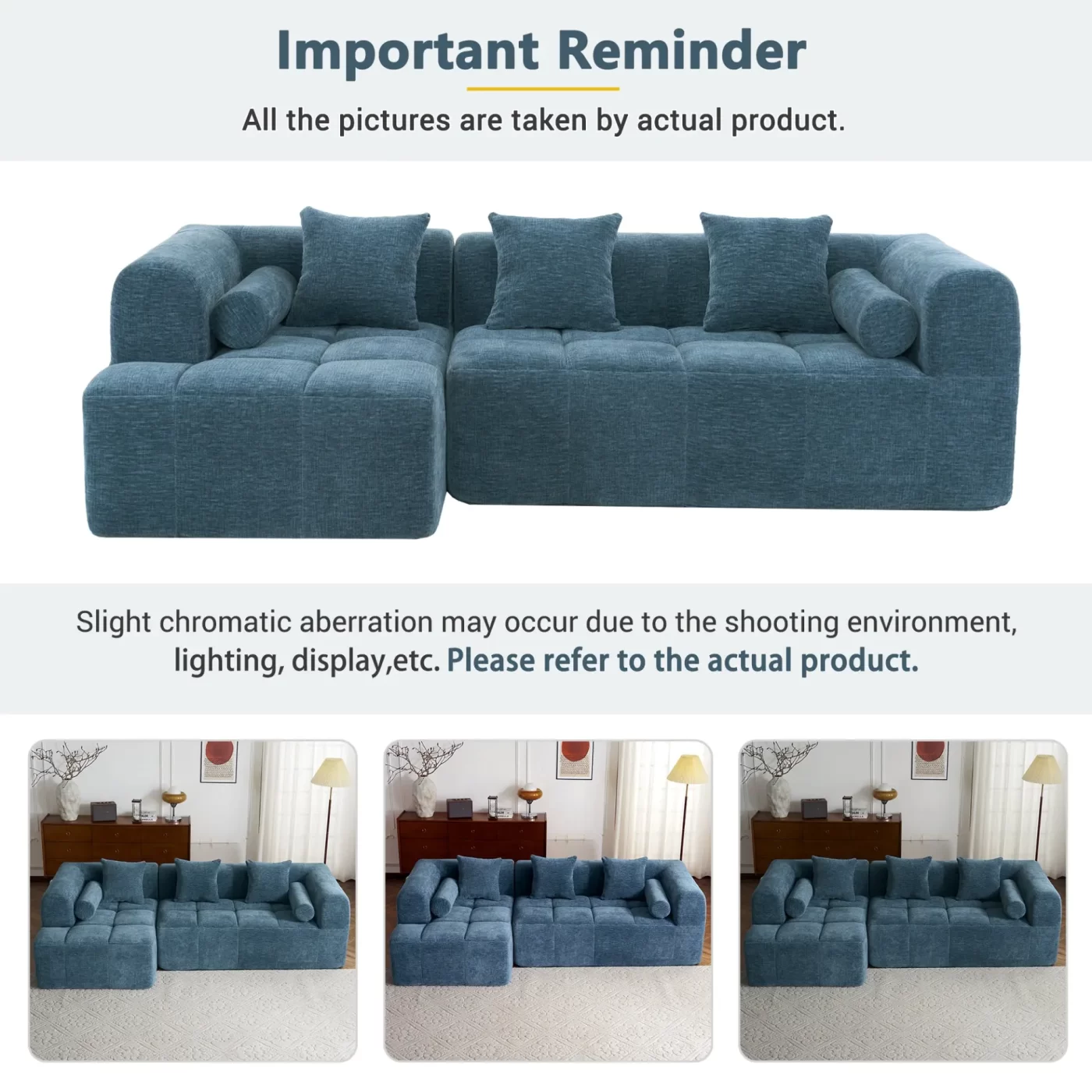 101.2' Sectional Sofa Full-Compressed Sofa Modular Sofa Couch Free-combined Sofa with Deep Seating and Two Side Pockets for Living Room, Blue