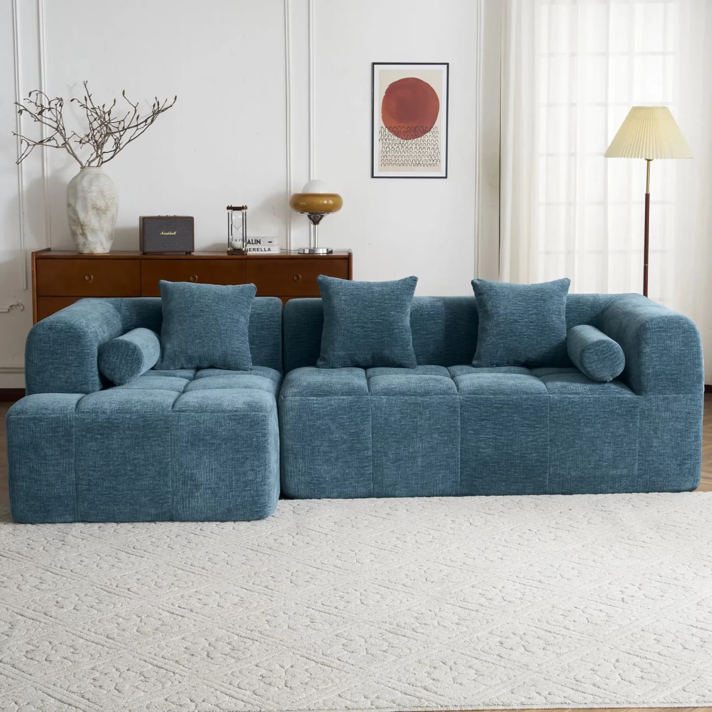 101.2' Sectional Sofa Full-Compressed Sofa Modular Sofa Couch Free-combined Sofa with Deep Seating and Two Side Pockets for Living Room, Blue