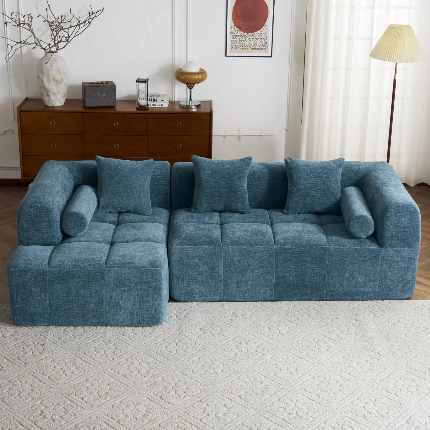 101.2' Sectional Sofa Full-Compressed Sofa Modular Sofa Couch Free-combined Sofa with Deep Seating and Two Side Pockets for Living Room, Blue