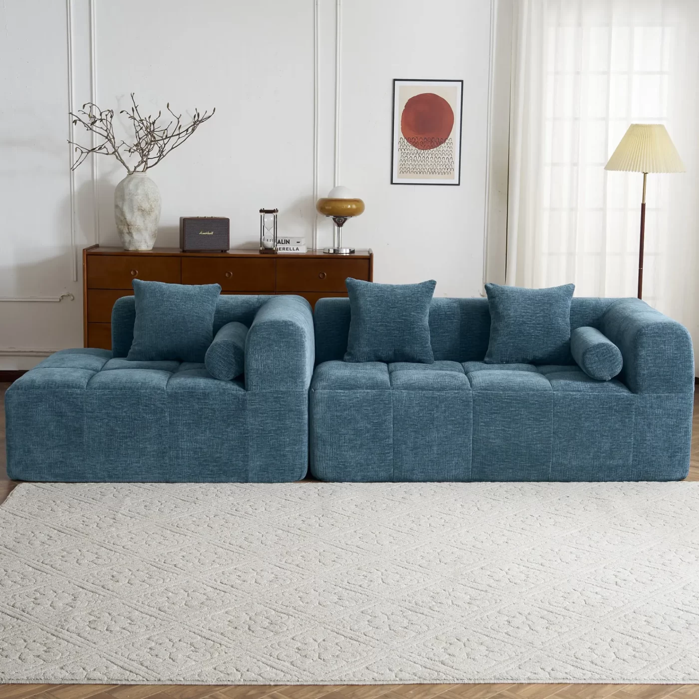 101.2' Sectional Sofa Full-Compressed Sofa Modular Sofa Couch Free-combined Sofa with Deep Seating and Two Side Pockets for Living Room, Blue
