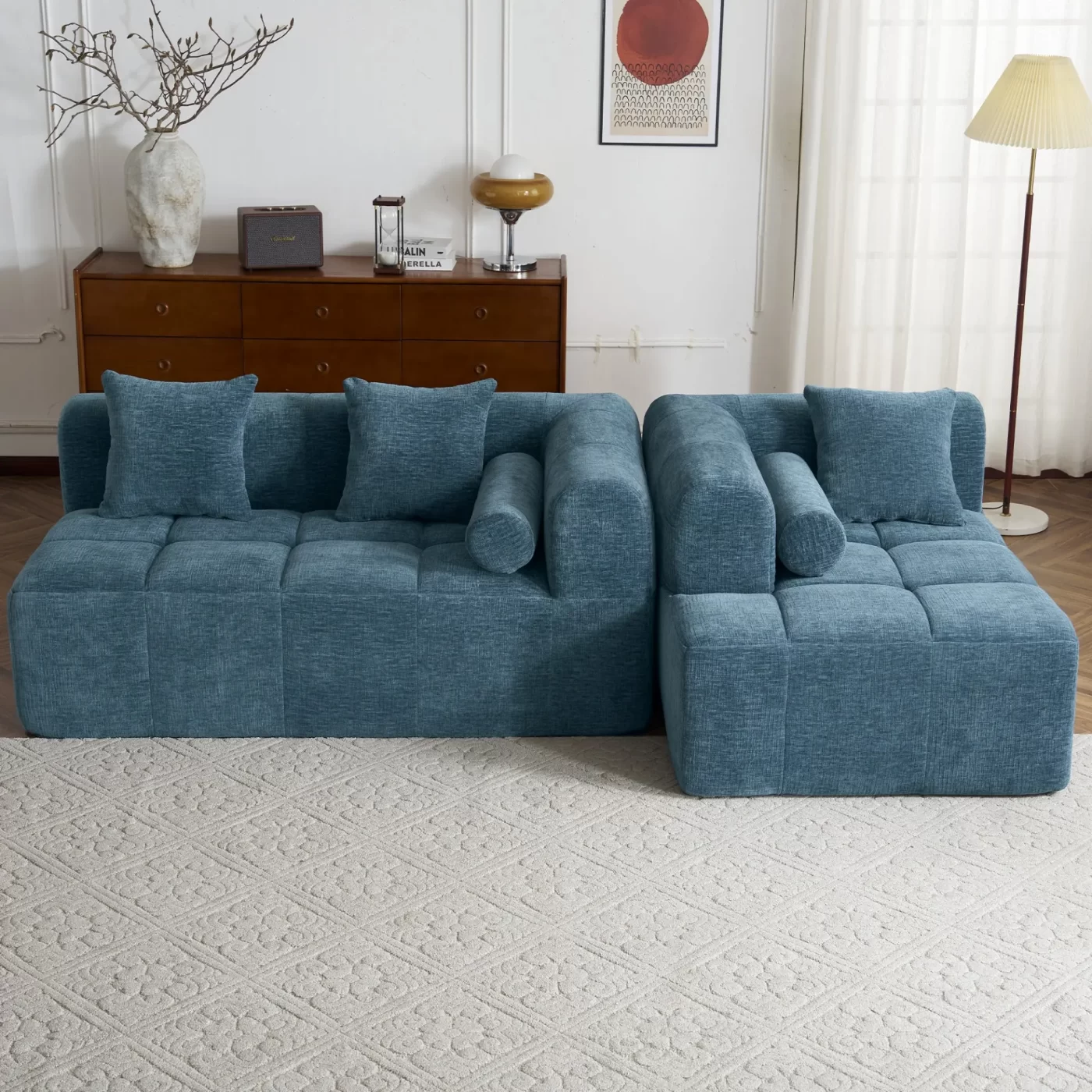 101.2' Sectional Sofa Full-Compressed Sofa Modular Sofa Couch Free-combined Sofa with Deep Seating and Two Side Pockets for Living Room, Blue