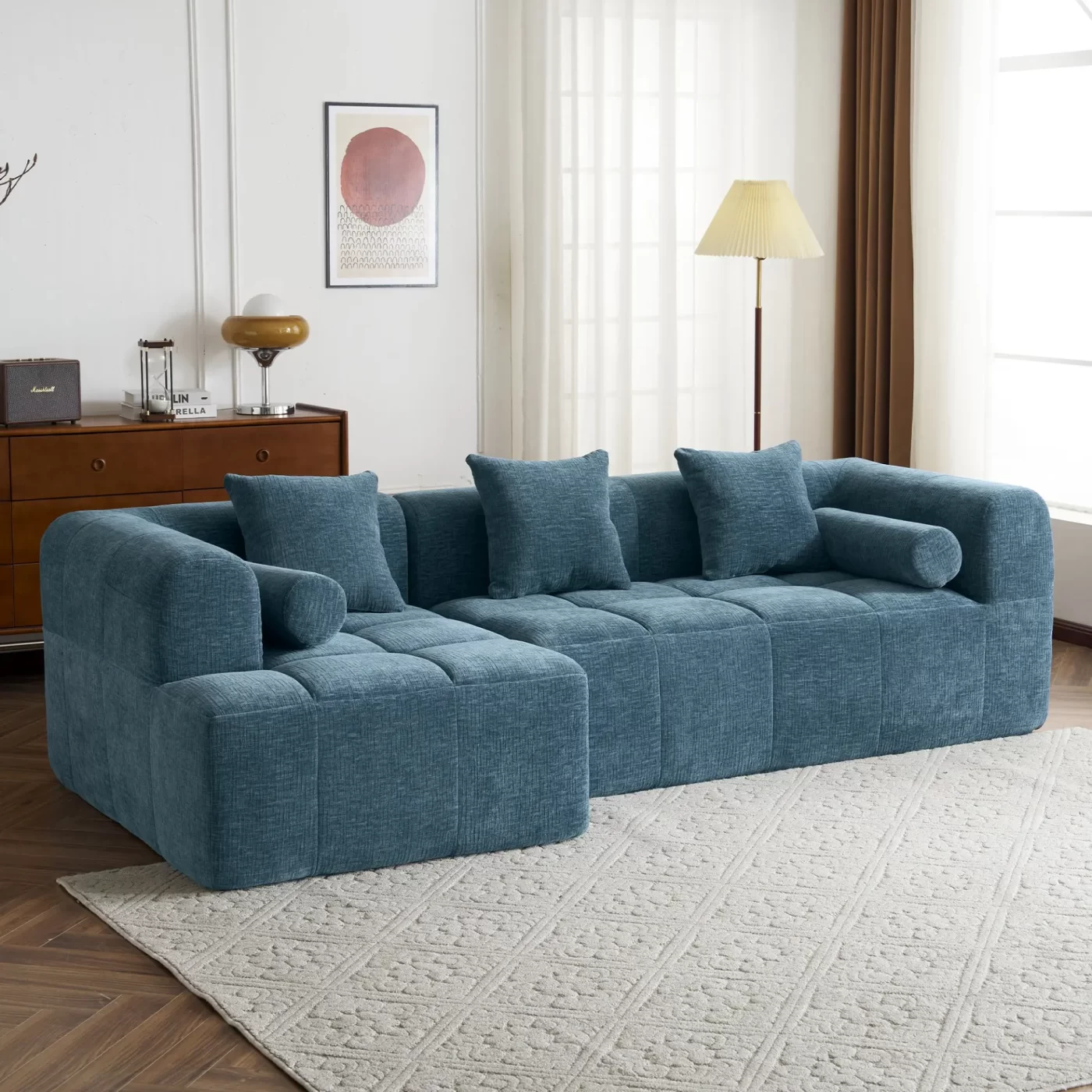 101.2' Sectional Sofa Full-Compressed Sofa Modular Sofa Couch Free-combined Sofa with Deep Seating and Two Side Pockets for Living Room, Blue