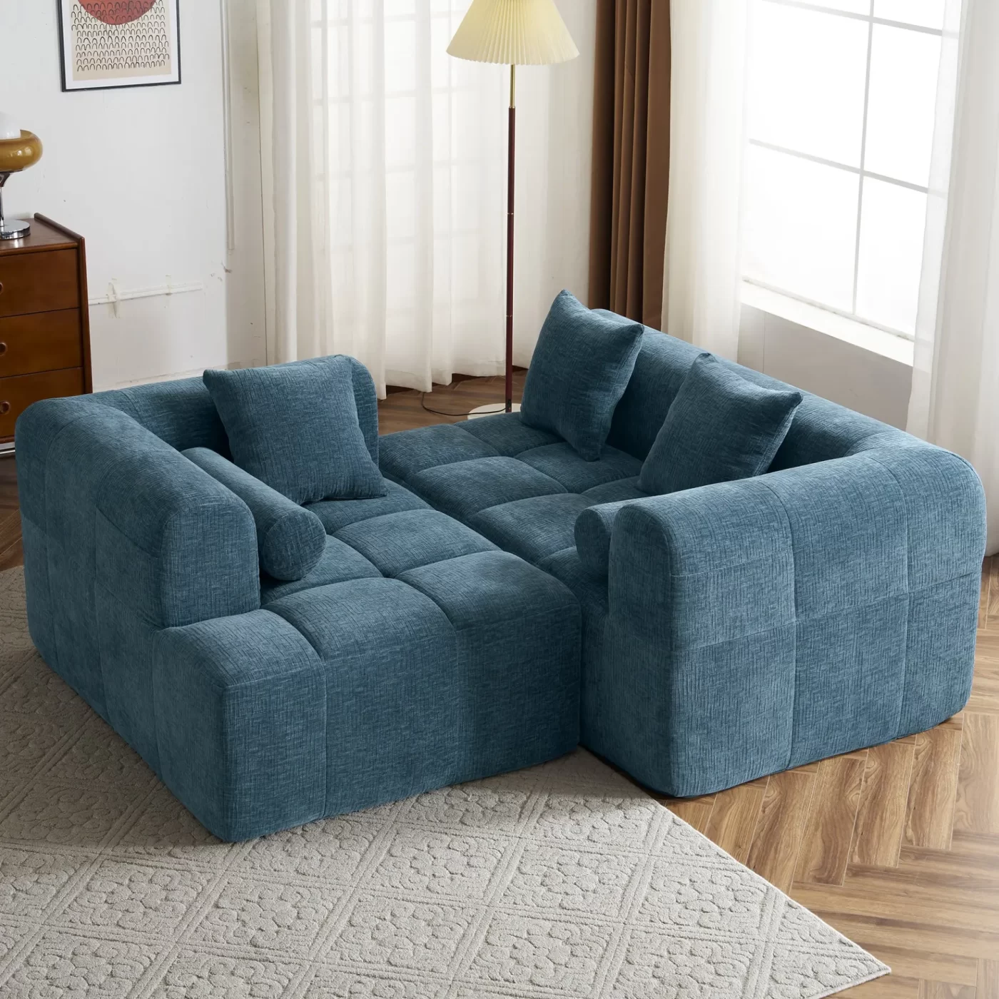 101.2' Sectional Sofa Full-Compressed Sofa Modular Sofa Couch Free-combined Sofa with Deep Seating and Two Side Pockets for Living Room, Blue