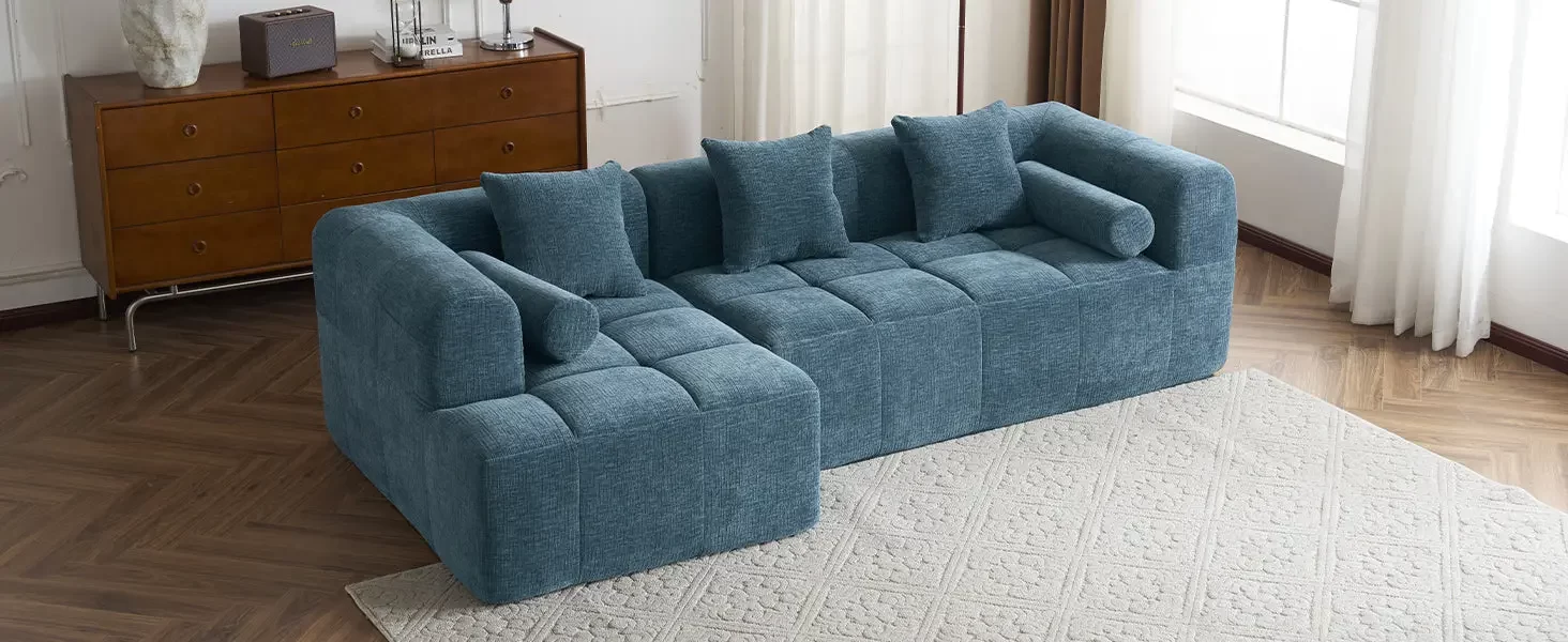 101.2' Sectional Sofa Full-Compressed Sofa Modular Sofa Couch Free-combined Sofa with Deep Seating and Two Side Pockets for Living Room, Blue