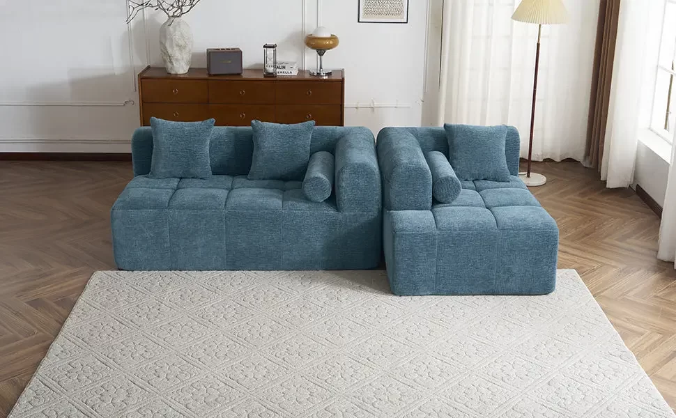 101.2' Sectional Sofa Full-Compressed Sofa Modular Sofa Couch Free-combined Sofa with Deep Seating and Two Side Pockets for Living Room, Blue