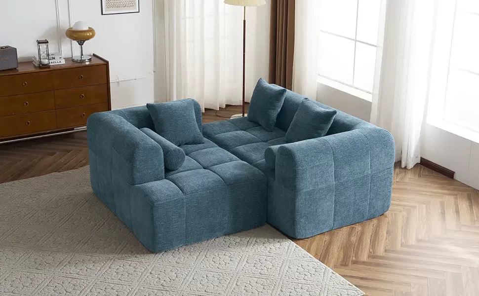 101.2' Sectional Sofa Full-Compressed Sofa Modular Sofa Couch Free-combined Sofa with Deep Seating and Two Side Pockets for Living Room, Blue