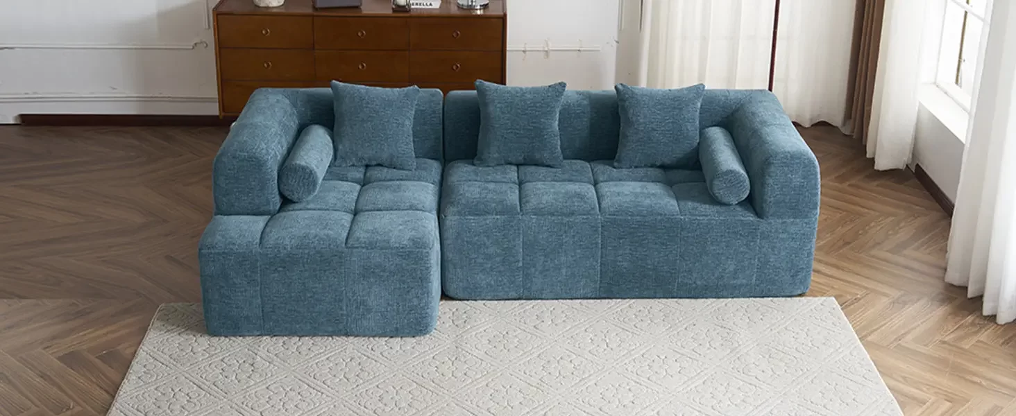 101.2' Sectional Sofa Full-Compressed Sofa Modular Sofa Couch Free-combined Sofa with Deep Seating and Two Side Pockets for Living Room, Blue