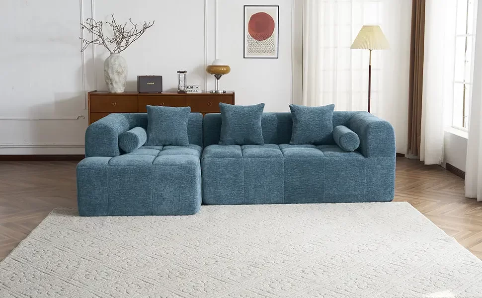 101.2' Sectional Sofa Full-Compressed Sofa Modular Sofa Couch Free-combined Sofa with Deep Seating and Two Side Pockets for Living Room, Blue