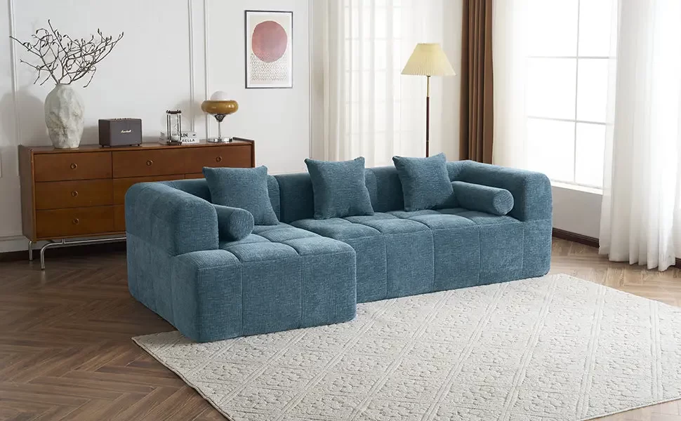 101.2' Sectional Sofa Full-Compressed Sofa Modular Sofa Couch Free-combined Sofa with Deep Seating and Two Side Pockets for Living Room, Blue
