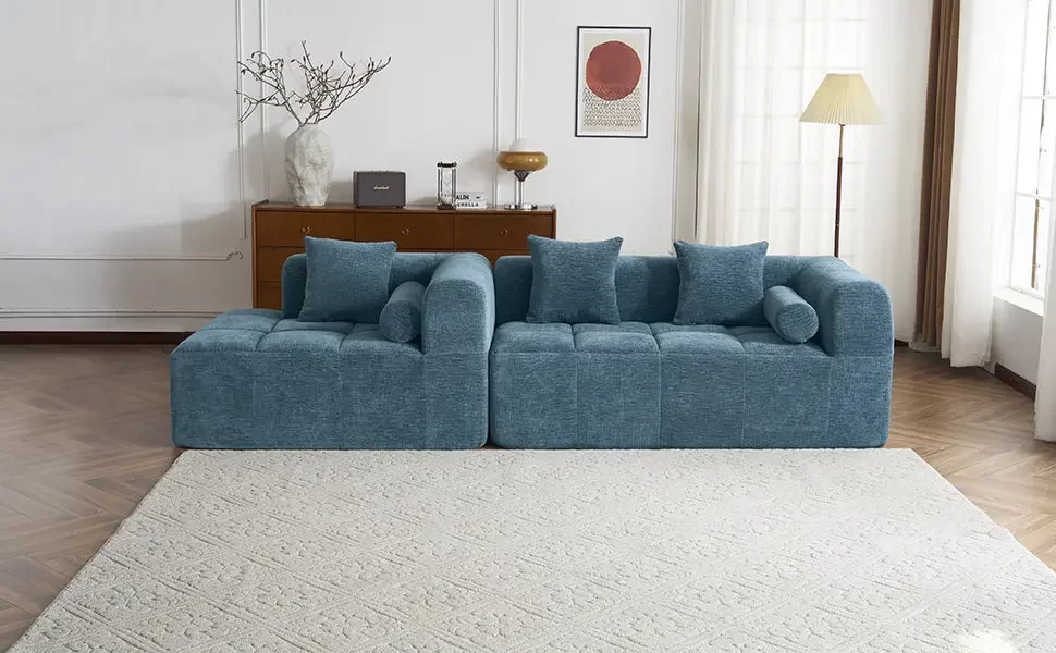 101.2' Sectional Sofa Full-Compressed Sofa Modular Sofa Couch Free-combined Sofa with Deep Seating and Two Side Pockets for Living Room, Blue