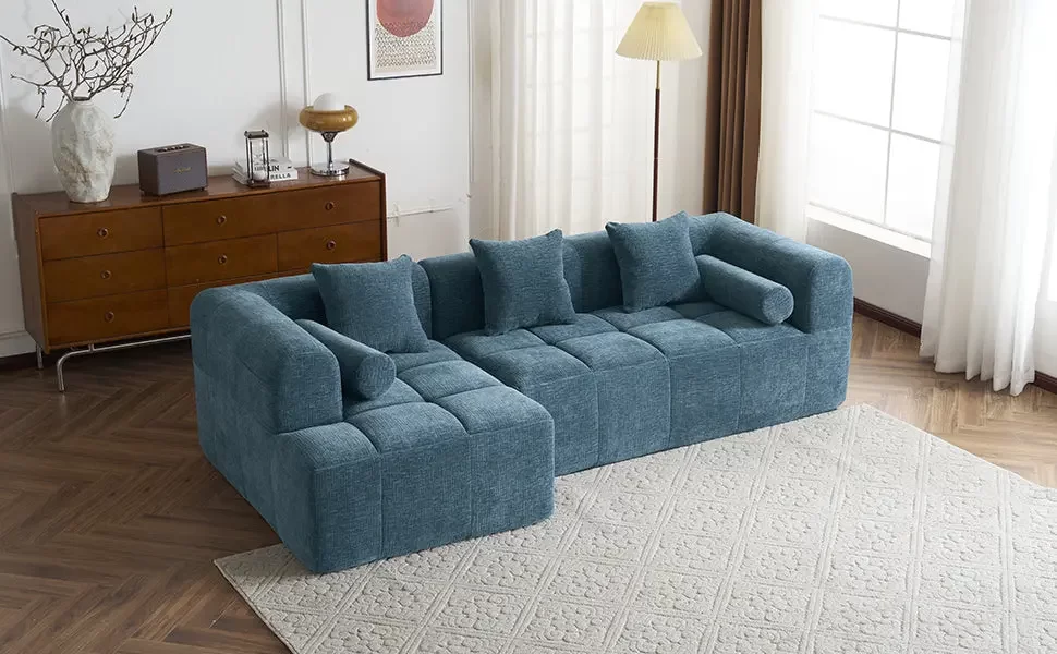101.2' Sectional Sofa Full-Compressed Sofa Modular Sofa Couch Free-combined Sofa with Deep Seating and Two Side Pockets for Living Room, Blue