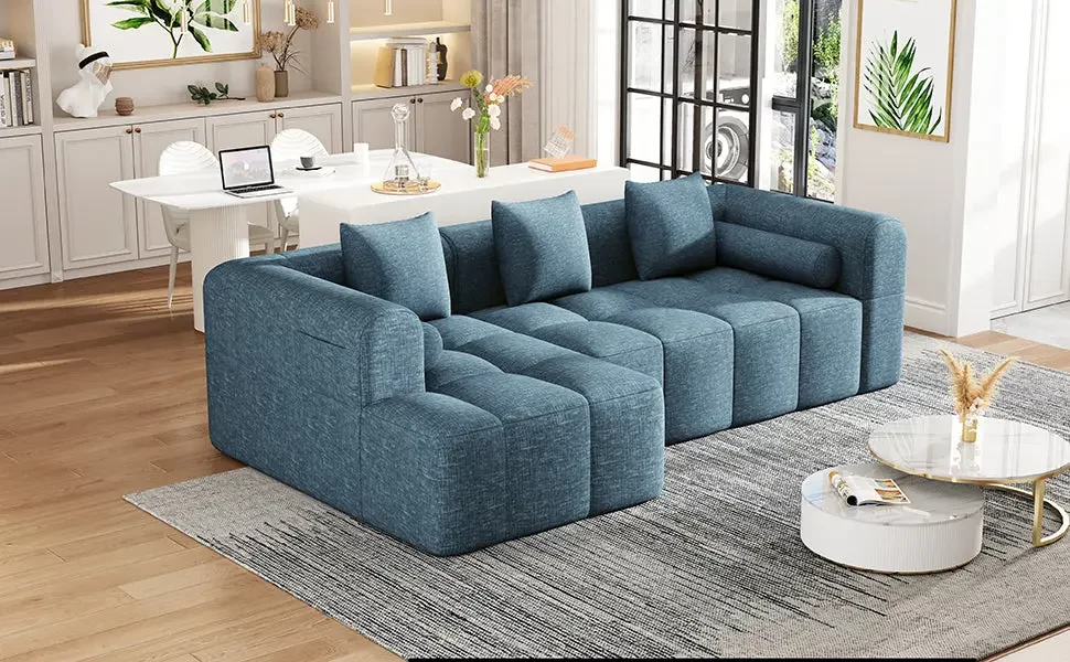 101.2' Sectional Sofa Full-Compressed Sofa Modular Sofa Couch Free-combined Sofa with Deep Seating and Two Side Pockets for Living Room, Blue